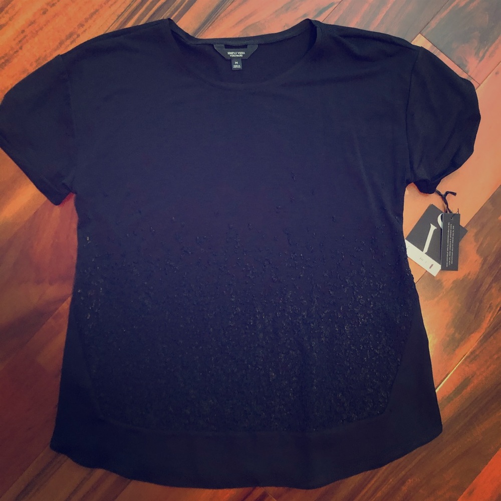 Simply Vera Vera Wang Womens Round Neck Short Sleeve Beaded Blouse Black Medium